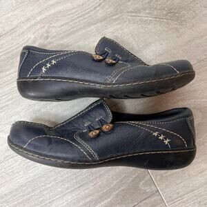 Clarks Shoes Womens Size 8.5 M Navy Blue Janice Barrie Slip On Loafers Buttons